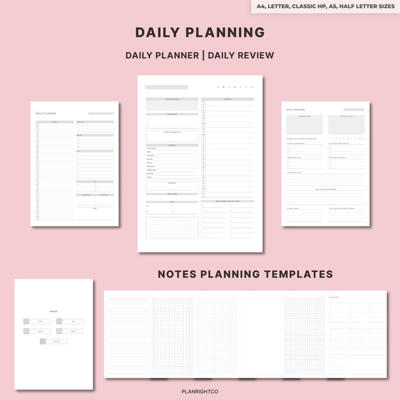 Puede incluir: Una colecci&oacute;n de plantillas de planificaci&oacute;n diaria blancas, que incluyen planificador diario, revisi&oacute;n diaria y plantillas de planificaci&oacute;n de notas. El texto "DAILY PLANNING" y "NOTES PLANNING TEMPLATES" se muestra en la imagen. Las plantillas est&aacute;n disponibles en tama&ntilde;os A4, Letter, Classic HP, A5 y Half Letter.