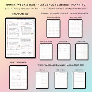 K&ouml;nnte beinhalten: Ein digitaler Planer f&uuml;r das Sprachenlernen mit Vorlagen f&uuml;r die t&auml;gliche, w&ouml;chentliche und monatliche Planung. Der Planer enth&auml;lt Abschnitte f&uuml;r Ziele, Gewohnheiten und einen Kalender.