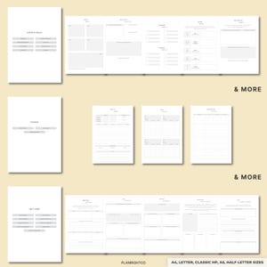 May include: A selection of white planner pages with grey text and headings. The pages include sections for vision and goals, finance, and self-care. The text "& MORE" appears on the pages. The bottom right corner of the image has the text "PLANRIGHTCO" and "A4, LETTER, CLASSIC HP, A5, HALF LETTER SIZES."