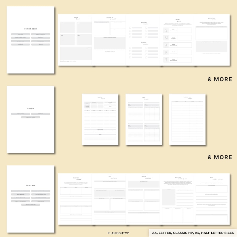 May include: A selection of white planner pages with grey text and headings. The pages include sections for vision and goals, finance, and self-care. The text "& MORE" appears on the pages. The bottom right corner of the image has the text "PLANRIGHTCO" and "A4, LETTER, CLASSIC HP, A5, HALF LETTER SIZES."