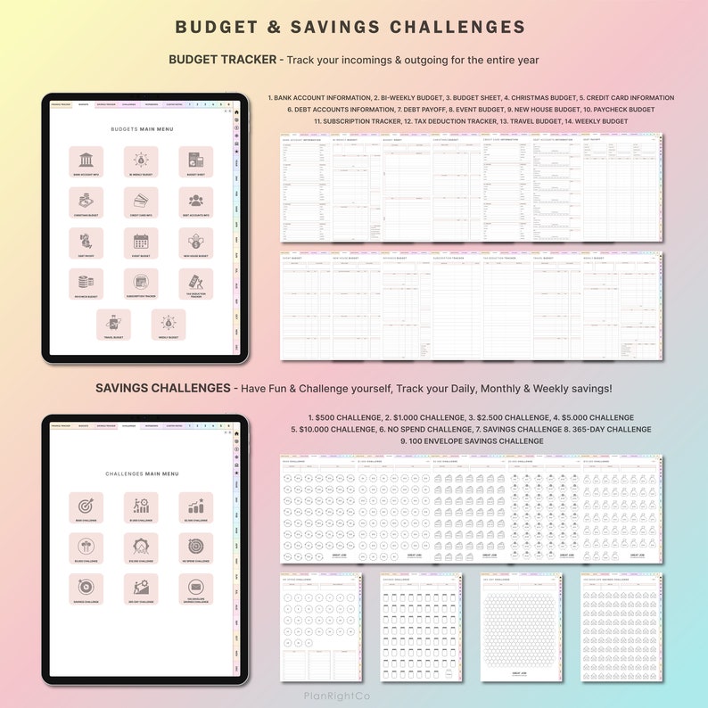 May include: Digital budget and savings challenges displayed on two tablets. The top tablet shows a budget tracker with various financial categories. The bottom tablet features savings challenges. Text includes "Budget & Savings Challenges" and "PlanRightCo."
