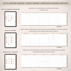 May include: A printable set of health and medication trackers. The trackers are organized into three categories: Pain & Symptom Trackers, Health Tracker, and Medication Trackers. Each category has a list of different trackers, such as blood sugar log, workout tracker, and medication schedule.