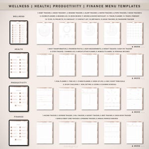 Op de afbeelding: Digitale menutemplates voor wellness, gezondheid, productiviteit en financi&euml;n. De afbeelding toont verschillende templates, waaronder gewoontetrackers, doelplanners en uitgaventrackers. Elke template is ontworpen met een strakke, minimalistische esthetiek, met een neutraal kleurenpalet.