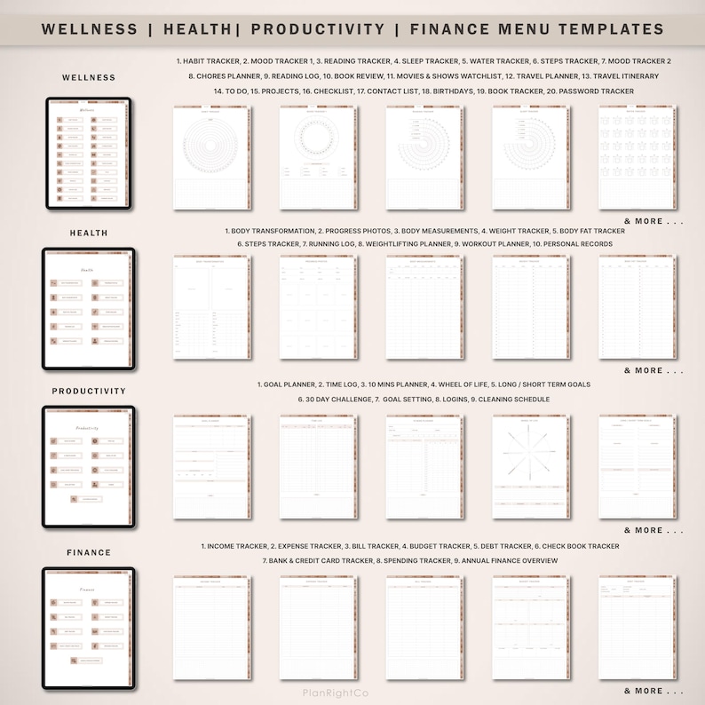 Op de afbeelding: Digitale menutemplates voor wellness, gezondheid, productiviteit en financi&euml;n. De afbeelding toont verschillende templates, waaronder gewoontetrackers, doelplanners en uitgaventrackers. Elke template is ontworpen met een strakke, minimalistische esthetiek, met een neutraal kleurenpalet.