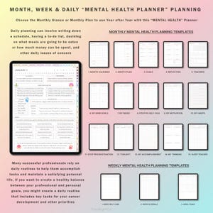 May include: A printable mental health planner with monthly and weekly templates. The planner includes sections for goals, reflection, self-talk, motivation, habits, sleep tracking, and more. The planner is designed to help people create a healthy balance between their professional and personal lives.