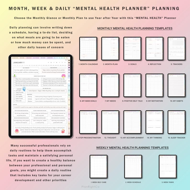 May include: A printable mental health planner with monthly and weekly templates. The planner includes sections for goals, reflection, self-talk, motivation, habits, sleep tracking, and more. The planner is designed to help people create a healthy balance between their professional and personal lives.