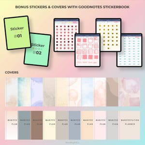 Op de afbeelding: Twee Goodnotes-stickerboeken met omslagen met de labels "Sticker Book #01" en "Sticker Book #02". Vier digitale schermen tonen verschillende stickers, waaronder nummers, vormen en pictogrammen. Onder de schermen bevinden zich 12 verschillende digitale papieren omslagen voor de stickerboeken, met de labels "Manifest Plan" en "Manifestation Planner".