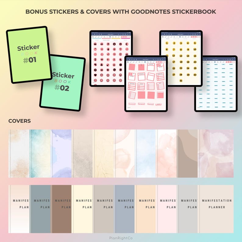 Op de afbeelding: Twee Goodnotes-stickerboeken met omslagen met de labels "Sticker Book #01" en "Sticker Book #02". Vier digitale schermen tonen verschillende stickers, waaronder nummers, vormen en pictogrammen. Onder de schermen bevinden zich 12 verschillende digitale papieren omslagen voor de stickerboeken, met de labels "Manifest Plan" en "Manifestation Planner".