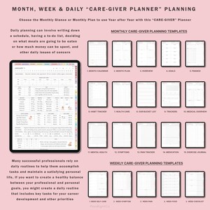 Puede incluir: Un planificador digital con fondo rosa y texto blanco. El planificador se titula "MONTH, WEEK & DAILY "CARE-GIVER PLANNER" PLANNING". El planificador incluye plantillas para la planificaci&oacute;n mensual y semanal, con t&iacute;tulos como "MONTHLY CARE-GIVER PLANNING TEMPLATES" y "WEEKLY CARE-GIVER PLANNING TEMPLATES".