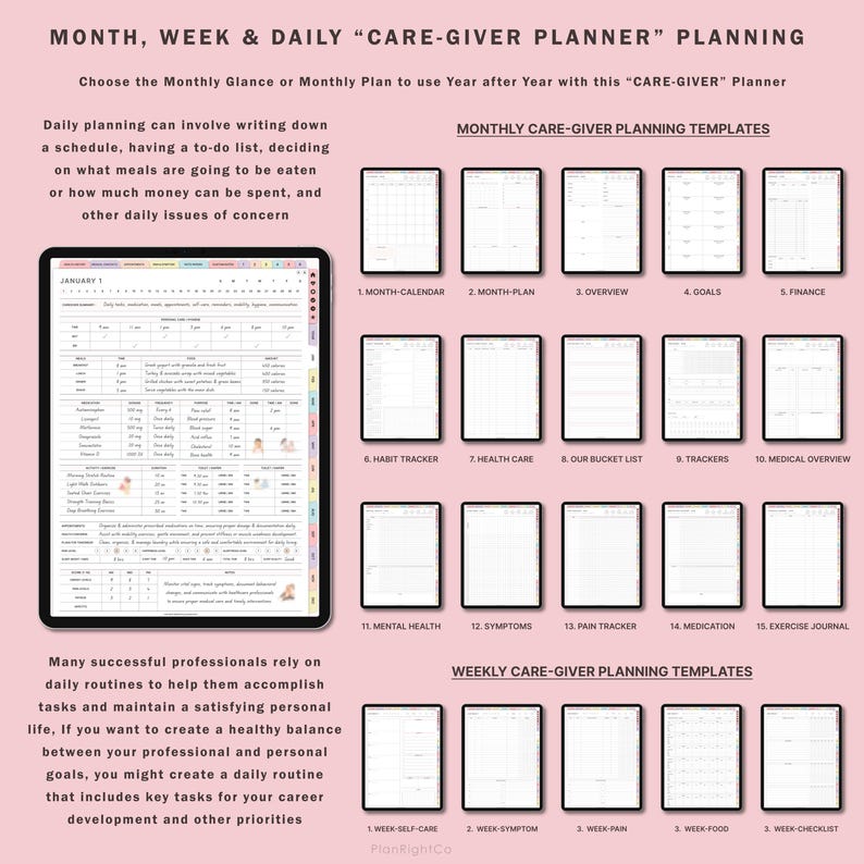 Puede incluir: Un planificador digital con fondo rosa y texto blanco. El planificador se titula "MONTH, WEEK & DAILY "CARE-GIVER PLANNER" PLANNING". El planificador incluye plantillas para la planificaci&oacute;n mensual y semanal, con t&iacute;tulos como "MONTHLY CARE-GIVER PLANNING TEMPLATES" y "WEEKLY CARE-GIVER PLANNING TEMPLATES".