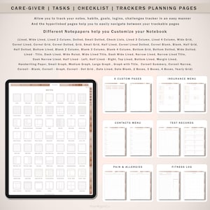 May include: A digital planner with a variety of notepaper templates for organizing tasks, goals, and notes. The planner includes sections for notes, contacts, insurance, test records, pain and allergies, and fitness logs. The planner is designed with a minimalist aesthetic, featuring a brown and white color scheme.