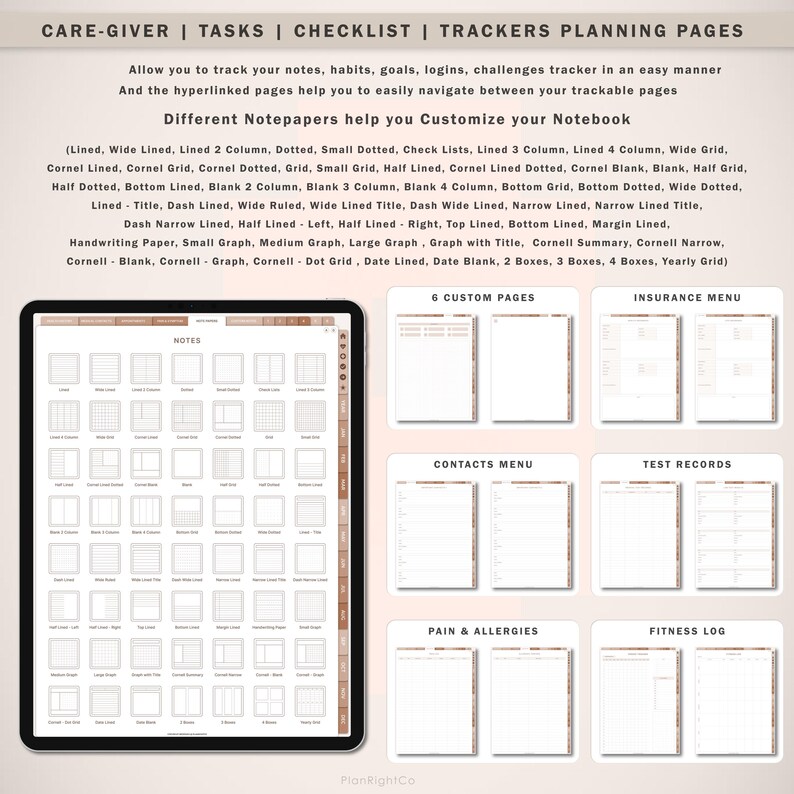 May include: A digital planner with a variety of notepaper templates for organizing tasks, goals, and notes. The planner includes sections for notes, contacts, insurance, test records, pain and allergies, and fitness logs. The planner is designed with a minimalist aesthetic, featuring a brown and white color scheme.