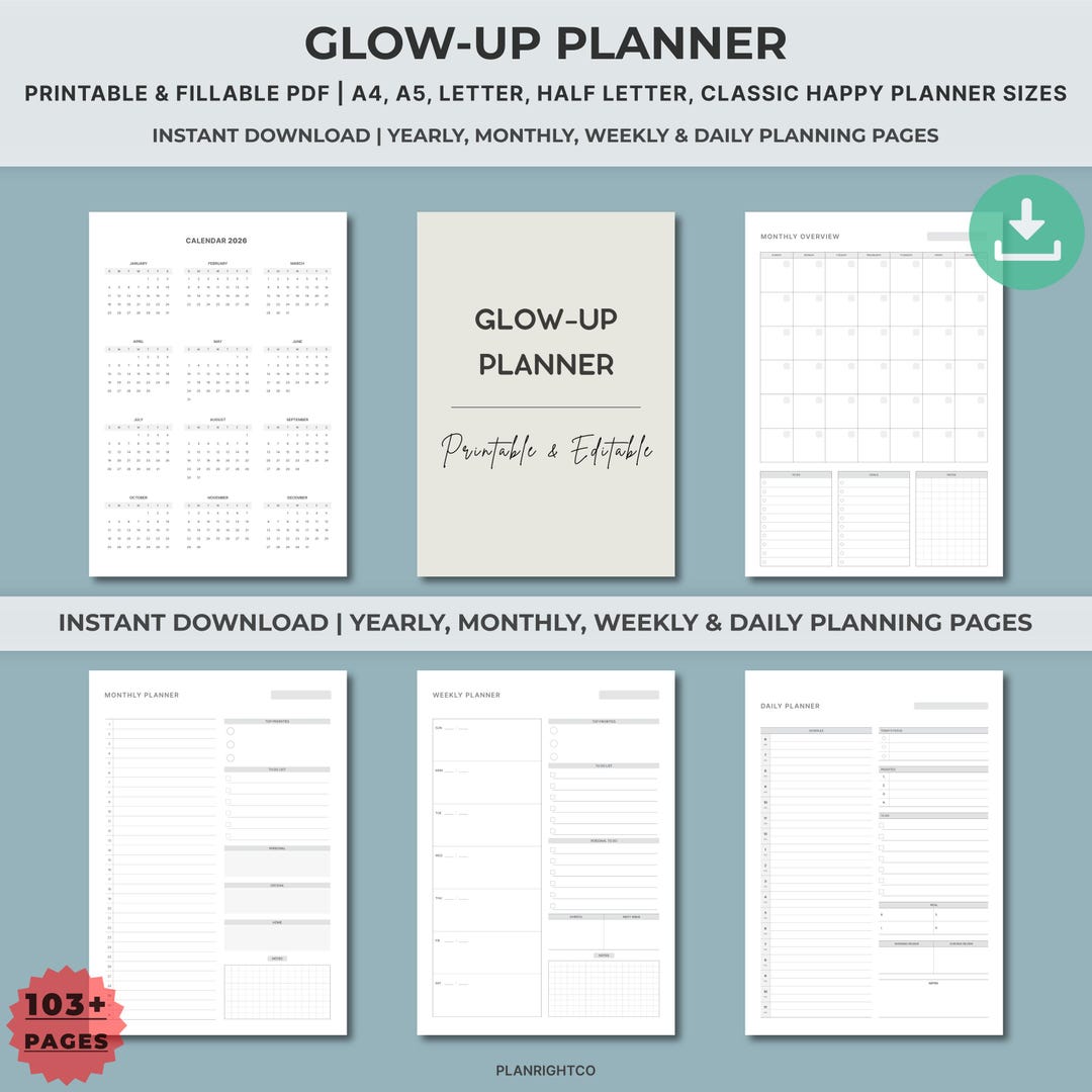 Glow up Planner Printable | Self Care Fitness Skincare Routine Tracker ...