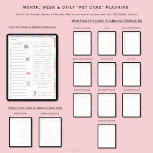 May include: A digital planner with templates for organizing pet care. The planner includes daily, weekly, and monthly sections for tracking appointments, medication, weight, activity, shopping, and expenses. The planner is designed with a pink background and colorful accents.