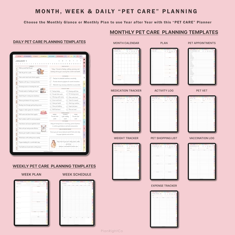 May include: A digital planner with templates for organizing pet care. The planner includes daily, weekly, and monthly sections for tracking appointments, medication, weight, activity, shopping, and expenses. The planner is designed with a pink background and colorful accents.
