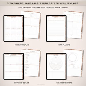 Op de afbeelding: Digitale planning sjablonen voor kantoor, thuis en wellness. De afbeelding toont een verzameling digitale planners op tablets, waaronder kantoorwerkplannen, thuisplanning, routine checklists en wellness trackers. De tekst bovenaan luidt "OFFICE-WORK, HOME CARE, ROUTINE & WELLNESS PLANNING."