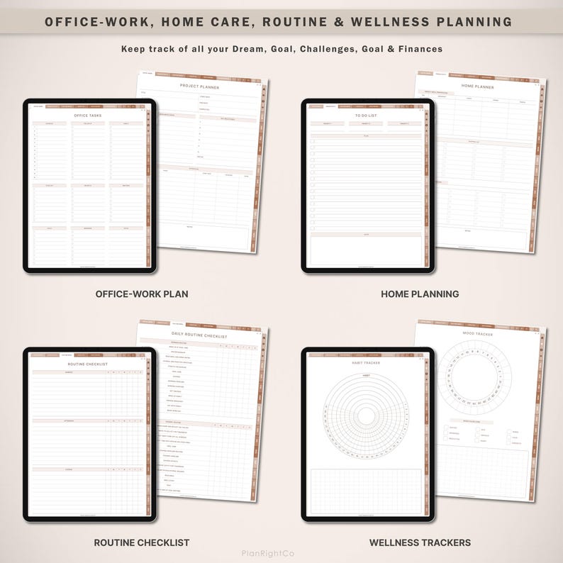 Op de afbeelding: Digitale planning sjablonen voor kantoor, thuis en wellness. De afbeelding toont een verzameling digitale planners op tablets, waaronder kantoorwerkplannen, thuisplanning, routine checklists en wellness trackers. De tekst bovenaan luidt "OFFICE-WORK, HOME CARE, ROUTINE & WELLNESS PLANNING."