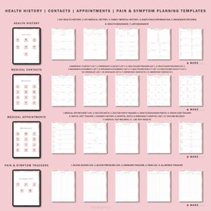 May include: A printable health and wellness planner with sections for health history, medical contacts, appointments, and pain and symptom trackers. The planner has a pink background with colorful accents.