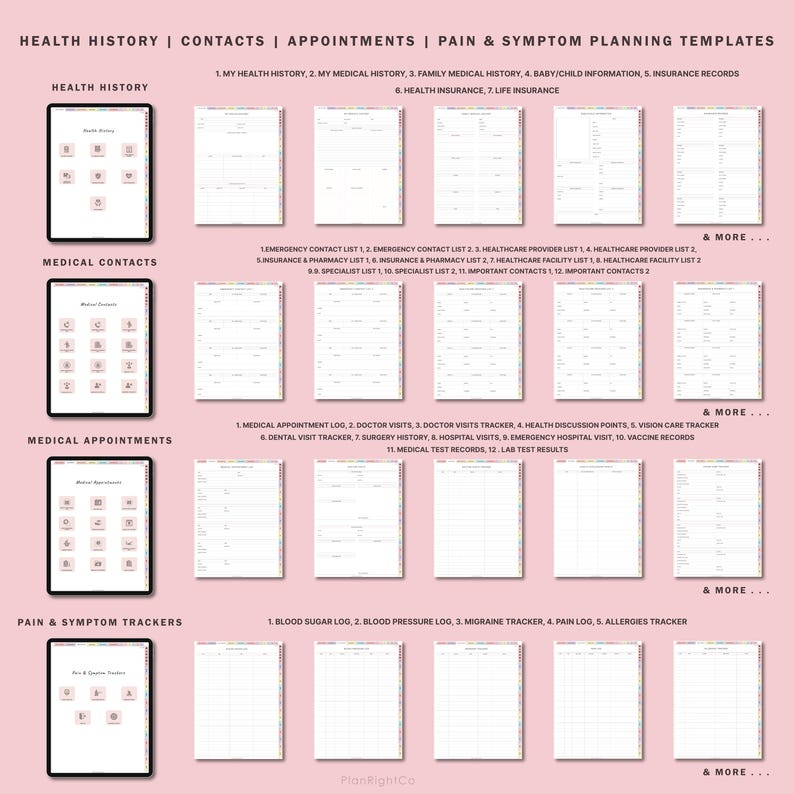 May include: A printable health and wellness planner with sections for health history, medical contacts, appointments, and pain and symptom trackers. The planner has a pink background with colorful accents.