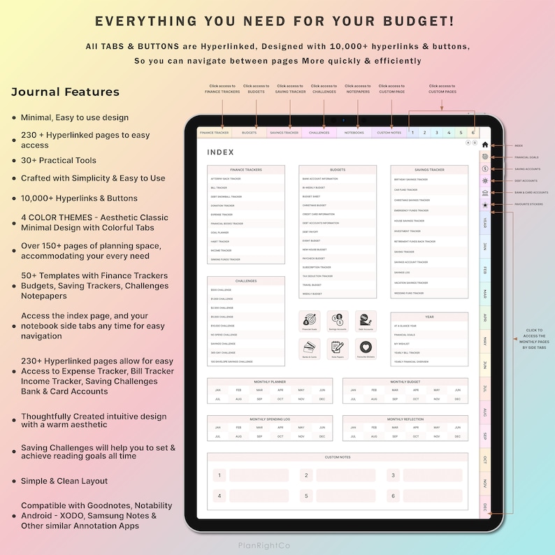 May include: A digital planner displayed on a tablet, featuring a clean, minimalist design with colorful tabs. The planner includes finance trackers, budget templates, and saving challenges. Text on the screen reads "Everything You Need For Your Budget!"