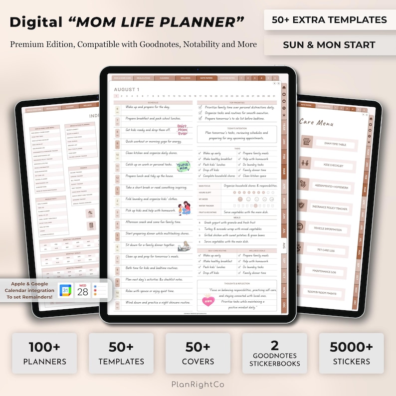 Op de afbeelding: Digitale "MOM LIFE PLANNER" weergegeven op drie tablets. De planner bevat sjablonen, covers en stickers. Het scherm toont een dagelijkse planning met taken. Compatibel met Goodnotes, Notability en meer. De tekst "SUN & MON START" is ook aanwezig.