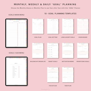 May include: A digital planner with 10 goal planning templates. The templates include a goal plan, goal setting, long and short goals, vision board, building my dream life, smart goals, motivation memo, prioritizing goals, focus plan, and task plan.