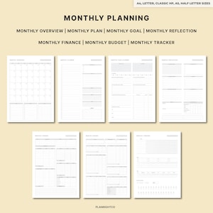 May include: A set of printable monthly planning pages in A4, Letter, Classic HP, A5, and Half Letter sizes. The pages are designed for monthly overview, plan, goal, reflection, finance, budget, and tracking. The words "MONTHLY PLANNING" are displayed at the top.