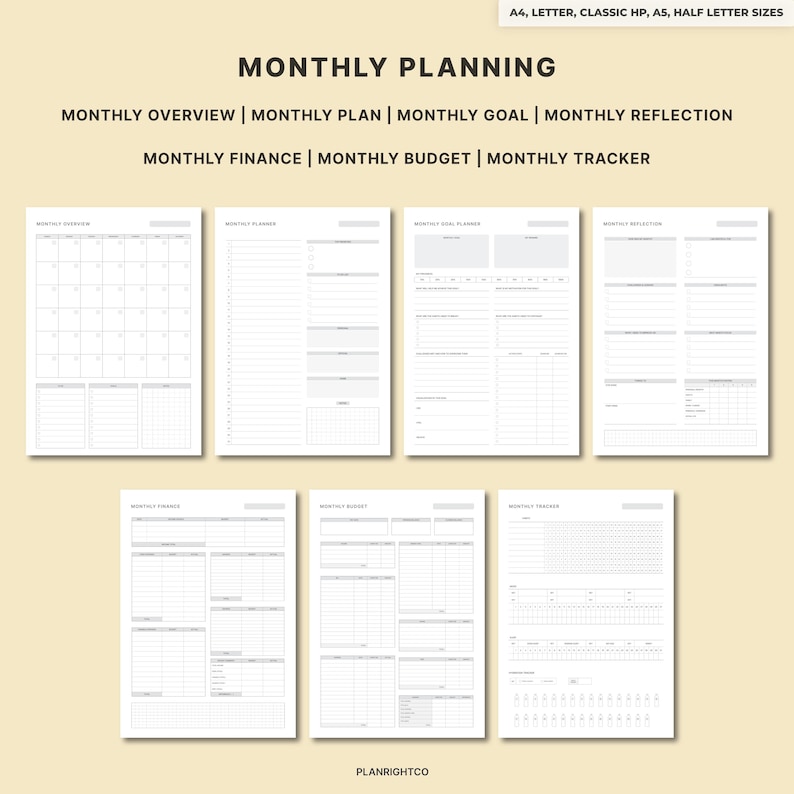 May include: A set of printable monthly planning pages in A4, Letter, Classic HP, A5, and Half Letter sizes. The pages are designed for monthly overview, plan, goal, reflection, finance, budget, and tracking. The words "MONTHLY PLANNING" are displayed at the top.