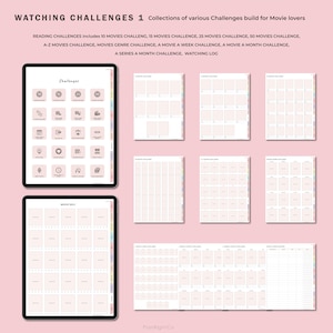 May include: A printable set of movie challenge trackers. The set includes 10 movie challenges, 15 movie challenges, 25 movie challenges, 50 movie challenges, A-Z movie challenge, movie genre challenge, a movie a week challenge, a movie a month challenge, a series a month challenge, and a watching log.