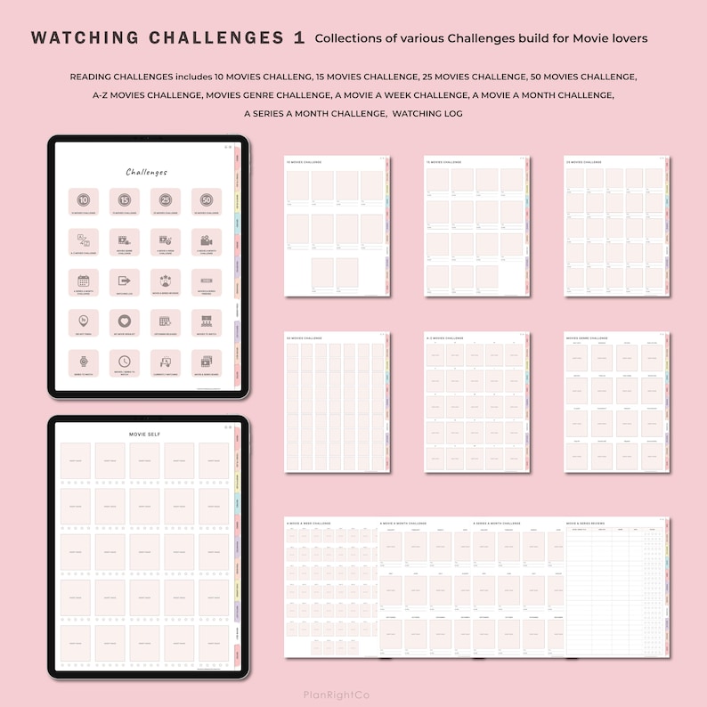May include: A printable set of movie challenge trackers. The set includes 10 movie challenges, 15 movie challenges, 25 movie challenges, 50 movie challenges, A-Z movie challenge, movie genre challenge, a movie a week challenge, a movie a month challenge, a series a month challenge, and a watching log.