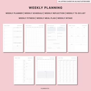 Może przedstawiać: Zestaw drukowanych stron do planowania tygodniowego w r&oacute;żnych formatach, w tym planer, harmonogram, refleksja, lista zadań, fitness, plan posiłk&oacute;w i rejestrator spożycia. Strony są czarno-białe i zawierają tekst "WEEKLY PLANNING".