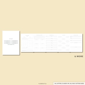 May include: A set of white planner pages with a yoga menu and sections for daily tasks, meal planning, and notes. The text "& MORE" is visible, along with "PLANRIGHTCO" and size options: A4, Letter, Classic HP, A5, Half Letter Sizes.