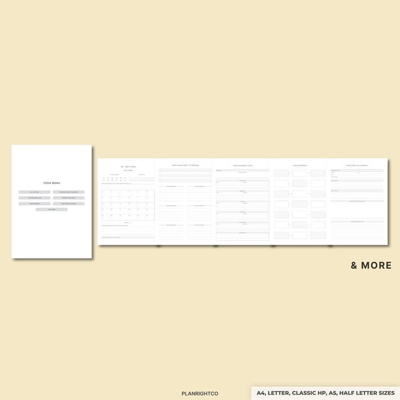 May include: A set of white planner pages with a yoga menu and sections for daily tasks, meal planning, and notes. The text "& MORE" is visible, along with "PLANRIGHTCO" and size options: A4, Letter, Classic HP, A5, Half Letter Sizes.