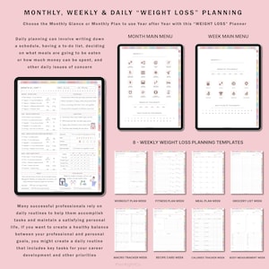 May include: A printable weight loss planner with monthly, weekly, and daily templates. The planner includes sections for meal plans, workout plans, fitness plans, grocery lists, macro tracking, recipe cards, calorie tracking, and body measurements. The planner is designed to help users track their progress and stay motivated on their weight loss journey.