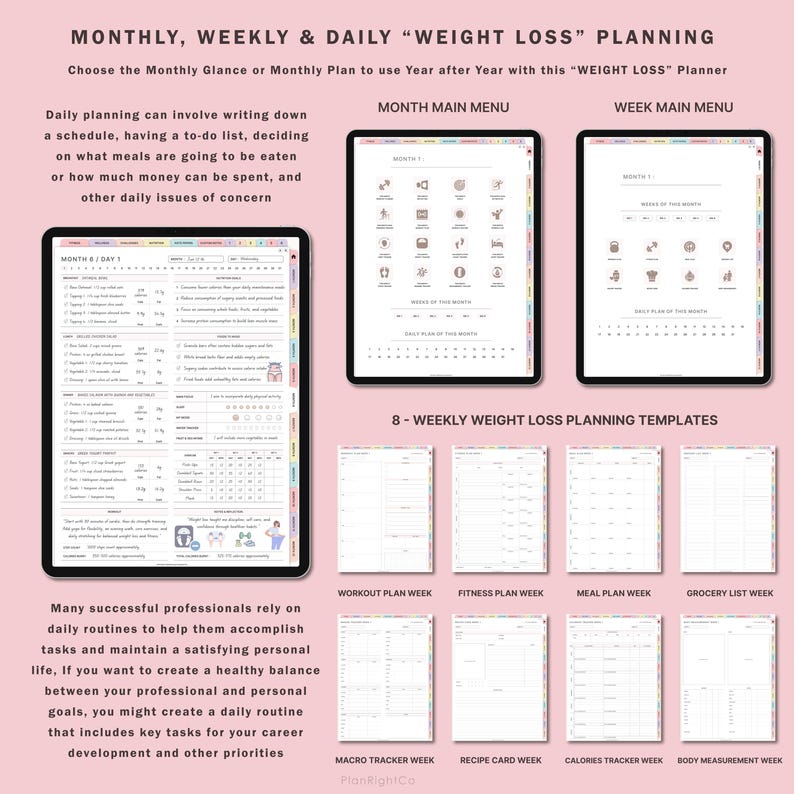 May include: A printable weight loss planner with monthly, weekly, and daily templates. The planner includes sections for meal plans, workout plans, fitness plans, grocery lists, macro tracking, recipe cards, calorie tracking, and body measurements. The planner is designed to help users track their progress and stay motivated on their weight loss journey.