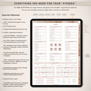 Op de afbeelding: Digitaal fitnessdagboek op een tablet, met een overzichtelijke lay-out en hyperlinks. Het dagboek bevat secties voor financi&euml;n, wellness en uitdagingen, met meer dan 300 pagina's voor planning. De tekst op het scherm luidt "Everything You Need For Your Fitness".