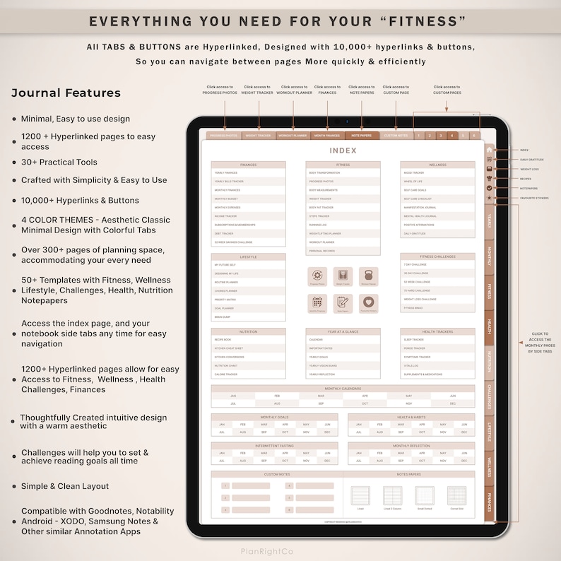 Op de afbeelding: Digitaal fitnessdagboek op een tablet, met een overzichtelijke lay-out en hyperlinks. Het dagboek bevat secties voor financi&euml;n, wellness en uitdagingen, met meer dan 300 pagina's voor planning. De tekst op het scherm luidt "Everything You Need For Your Fitness".