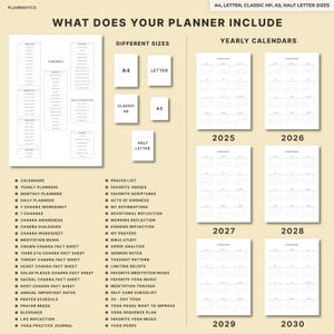 May include: A digital planner layout with various sizes, including A4, Letter, Classic HP, A5, and Half Letter. The planner includes calendars from 2025 to 2030, content pages, and sections for calendars, daily planners, and yoga practices.
