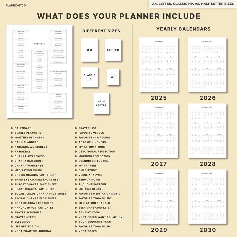 May include: A digital planner layout with various sizes, including A4, Letter, Classic HP, A5, and Half Letter. The planner includes calendars from 2025 to 2030, content pages, and sections for calendars, daily planners, and yoga practices.