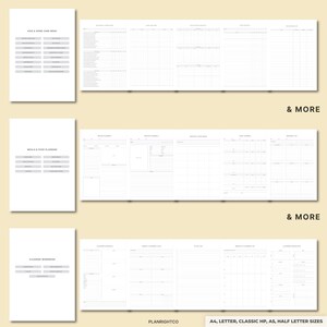 May include: White planner pages with text including "Kids & Home Care Menu", "Meals & Food Planning", and "Cleaning Workbook". The pages have grid and list layouts. The text "& MORE" is also visible. The bottom right corner reads "PLANRIGHTCO" and "A4, LETTER, CLASSIC HP, A5, HALF LETTER SIZES".