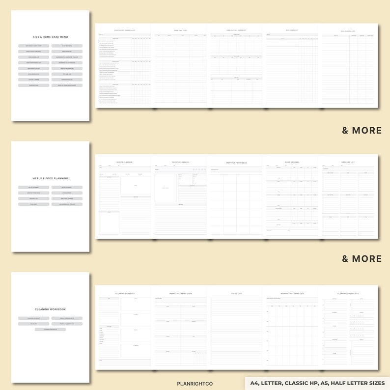 May include: White planner pages with text including "Kids & Home Care Menu", "Meals & Food Planning", and "Cleaning Workbook". The pages have grid and list layouts. The text "& MORE" is also visible. The bottom right corner reads "PLANRIGHTCO" and "A4, LETTER, CLASSIC HP, A5, HALF LETTER SIZES".