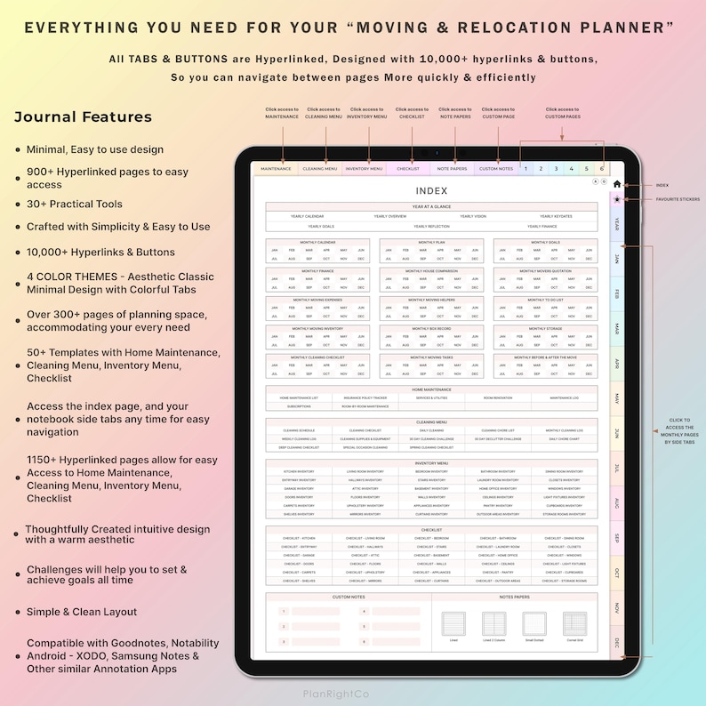 May include: A digital planner for moving and relocation, featuring a colorful index page with tabs for various sections, including maintenance, cleaning, inventory, checklists, and notes. The planner includes over 300 pages, 50 templates, and 10,000 hyperlinks.