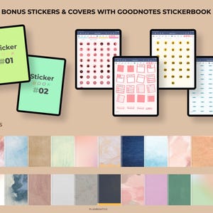 Op de afbeelding: Digitale stickerboeken en covers worden weergegeven op tablets. De stickerboeken zijn gelabeld met #01 en #02. De covers hebben verschillende texturen en kleuren, waaronder marmer, aquarel en effen tinten. De tekst "BONUS STICKERS & COVERS WITH GOODNOTES STICKERBOOK" staat bovenaan.