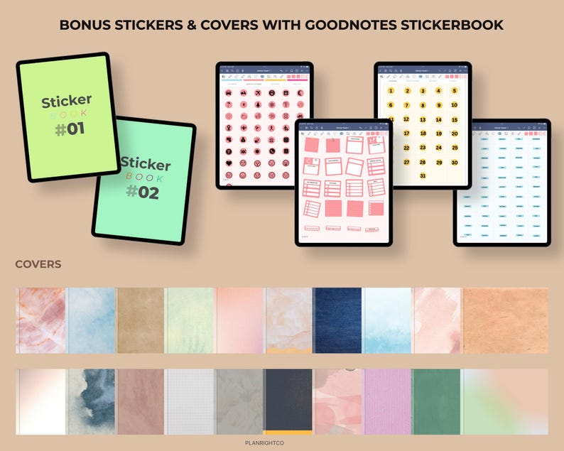 Op de afbeelding: Digitale stickerboeken en covers worden weergegeven op tablets. De stickerboeken zijn gelabeld met #01 en #02. De covers hebben verschillende texturen en kleuren, waaronder marmer, aquarel en effen tinten. De tekst "BONUS STICKERS & COVERS WITH GOODNOTES STICKERBOOK" staat bovenaan.