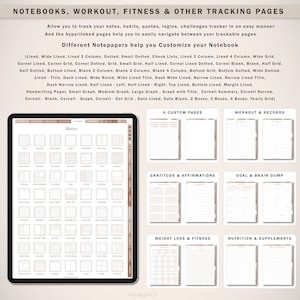Op de afbeelding: Digitale notitieboekpagina's met verschillende lay-outs voor het bijhouden van notities, trainingen, fitness en meer. Inclusief gelijnde, gestippelde en rasterpapieropties, plus pagina's voor doelen, affirmaties en voeding. De tekst op de afbeelding luidt "NOTEBOOKS, WORKOUT, FITNESS & OTHER TRACKING PAGES".