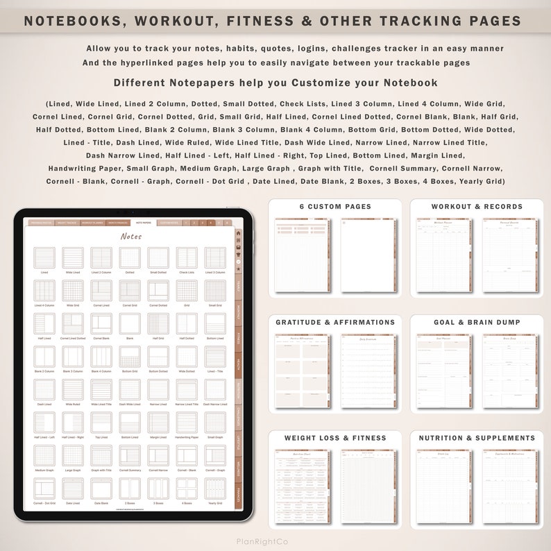 Op de afbeelding: Digitale notitieboekpagina's met verschillende lay-outs voor het bijhouden van notities, trainingen, fitness en meer. Inclusief gelijnde, gestippelde en rasterpapieropties, plus pagina's voor doelen, affirmaties en voeding. De tekst op de afbeelding luidt "NOTEBOOKS, WORKOUT, FITNESS & OTHER TRACKING PAGES".