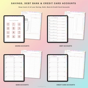 May include: Digital financial planning templates displayed on tablets and paper. The image shows templates for savings, debt, bank, and credit card accounts. The text reads "SAVINGS, DEBT BANK & CREDIT CARD ACCOUNTS".