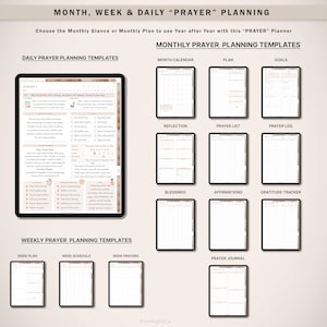 May include: Printable planner templates for daily, weekly, and monthly prayer planning. The templates include sections for reflection, prayer lists, prayer logs, blessings, affirmations, gratitude tracking, and a prayer journal.