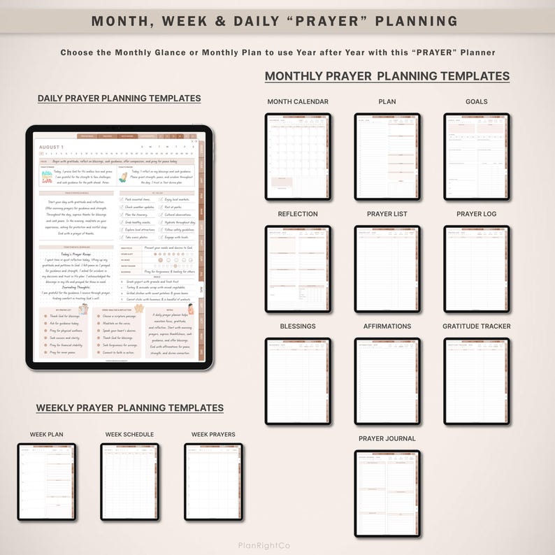 May include: Printable planner templates for daily, weekly, and monthly prayer planning. The templates include sections for reflection, prayer lists, prayer logs, blessings, affirmations, gratitude tracking, and a prayer journal.