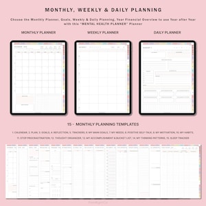 May include: A digital planner with 15 different templates for monthly, weekly, and daily planning. The templates include a calendar, plan, goals, reflection, trackers, main goals, needs, positive self-talk, motivation, habits, stop procrastination, thought organizer, accomplishment and bucket list, thinking patterns, and sleep tracker.